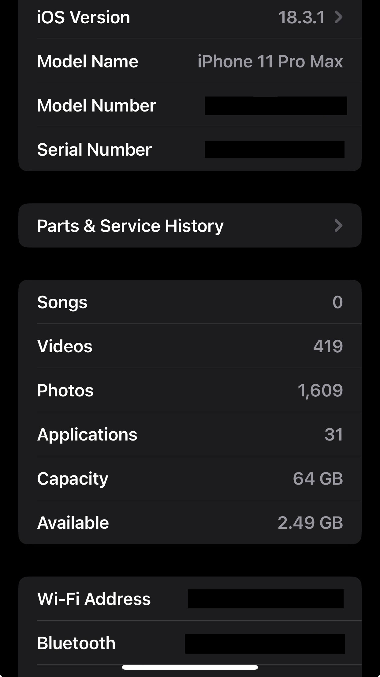 A screenshot of a menu somewhere within iPhone settings, displaying stuff like the iOS version.